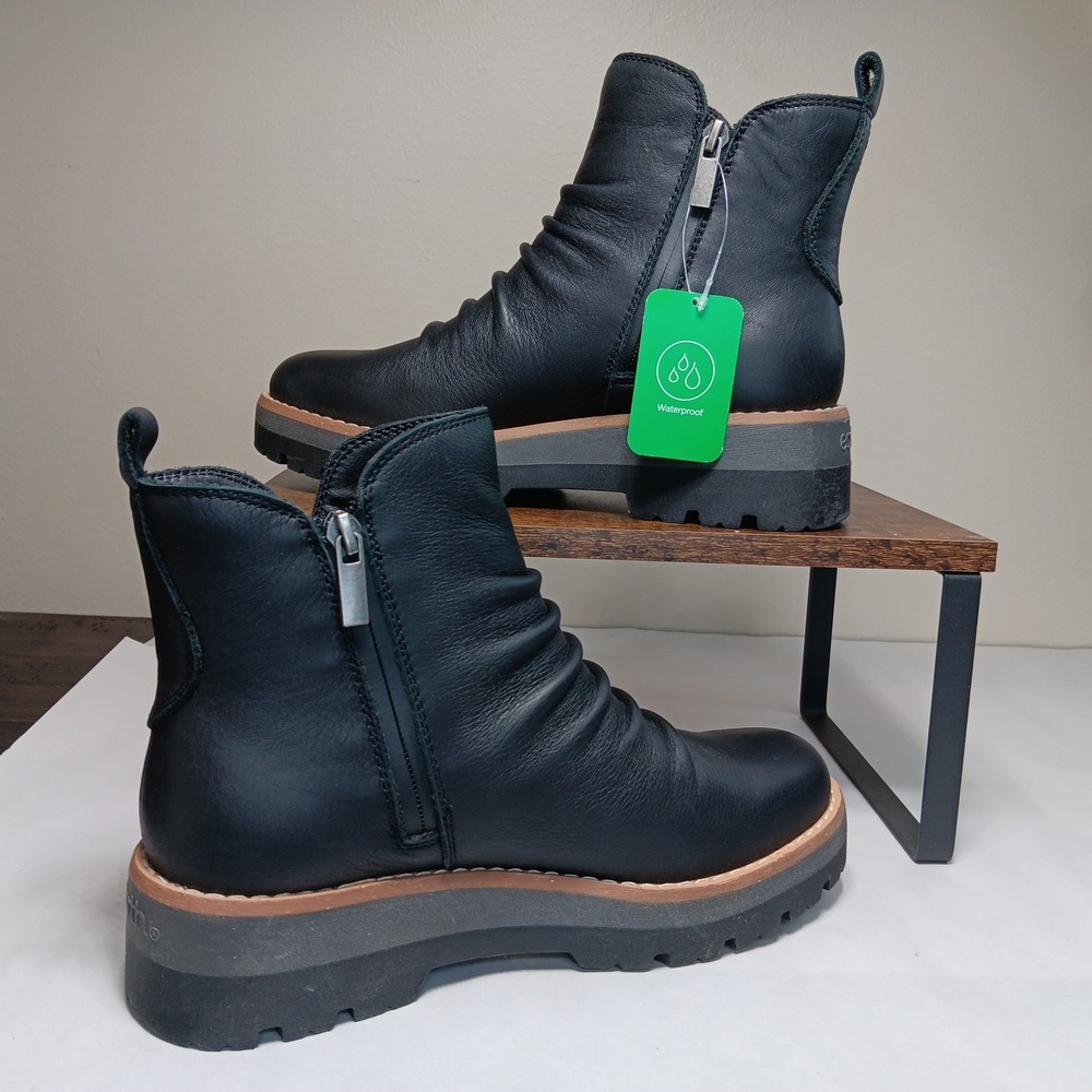 Earth YONDER Ankle Boots Womens 6.5 Black NEW Waterproof Leather Ruched Lug Sole